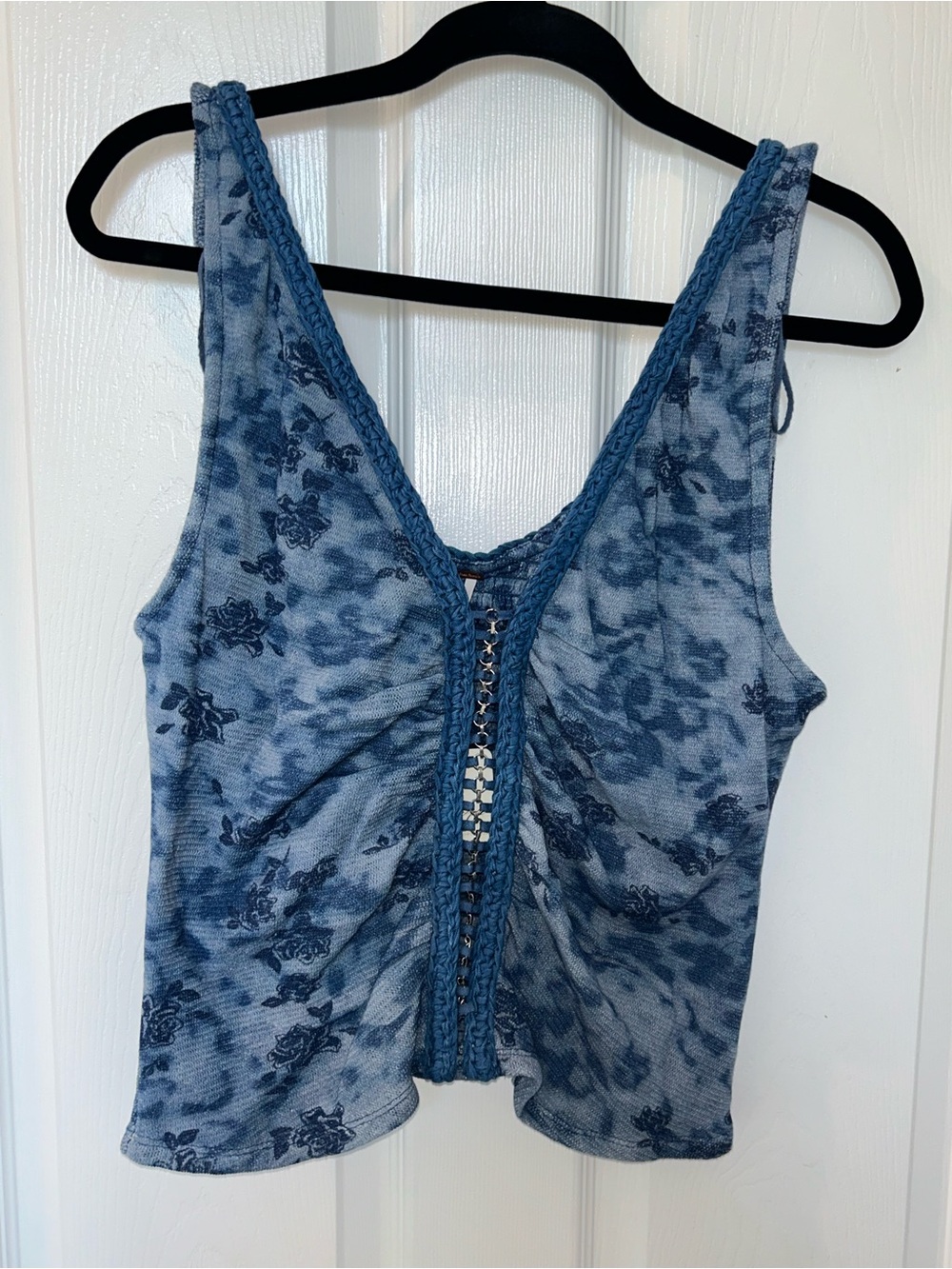 Free People Indigo Blue Floral Crochet-Trim Tank